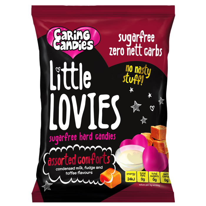 Front view of a 100g Packet of sugar free assorted condensed milk, fudge, and toffee flavoured hard-boiled Little Lovies sweets by Caring Candies