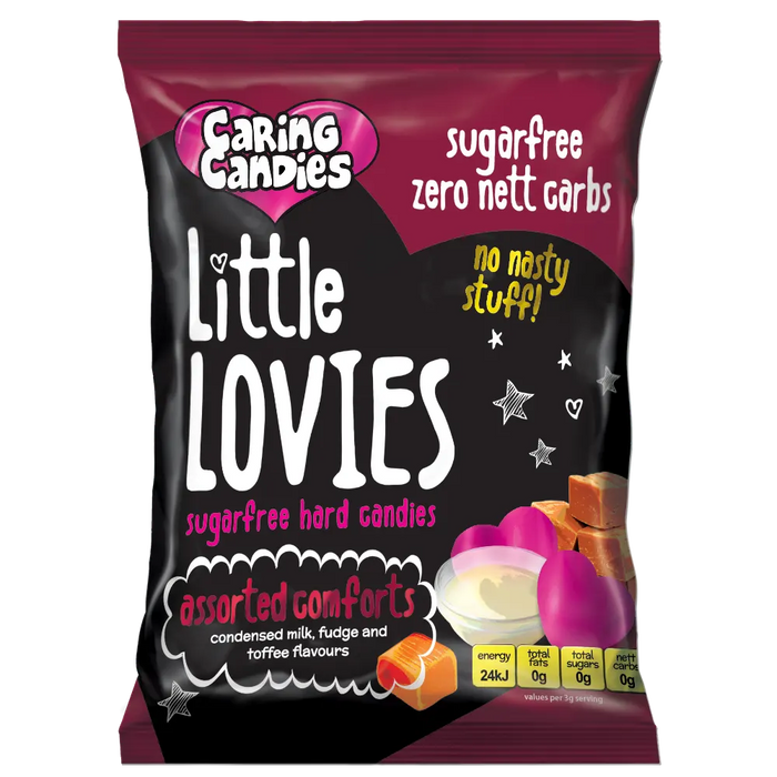 Packaging of 100g Caring Candies Sugarfree Little Lovies assorted comforting flavoured sweets like fudge, toffee, and condensed milk, on a transparent background