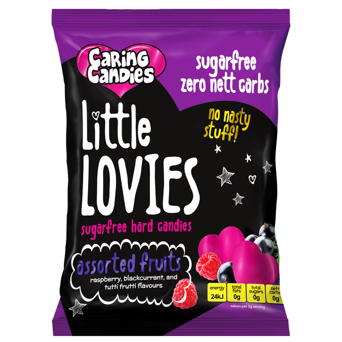Front view of a 100g Packet of sugar free assorted fruit flavoured hard-boiled Little Lovies sweets by Caring Candies
