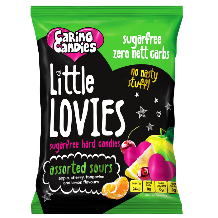 Front view of a 100g Packet of sugar free assorted sour flavoured hard-boiled Little Lovies sweets by Caring Candies