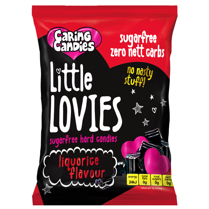 Front view of a 100g Packet of sugar free liquorice flavoured hard-boiled Little Lovies sweets by Caring Candies