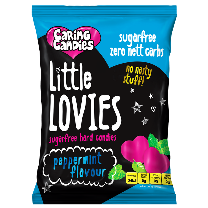 Front view of a 100g Packet of sugar free peppermint flavoured hard-boiled Little Lovies sweets by Caring Candies