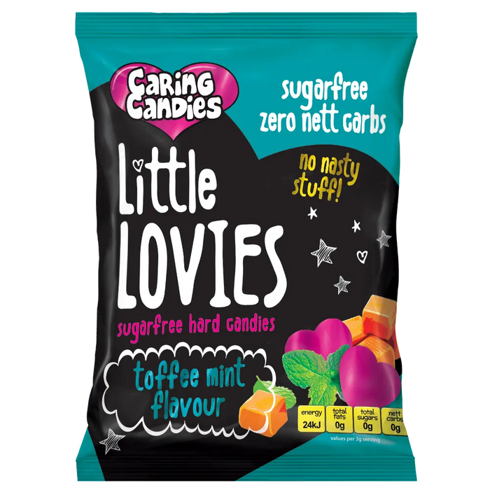Packaging of 100g Caring Candies Sugarfree Little Lovies toffee mint flavoured sweets on transparent background