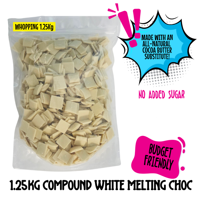 Bag of sugar-free compound white melting choc with text highlighting features on a white background