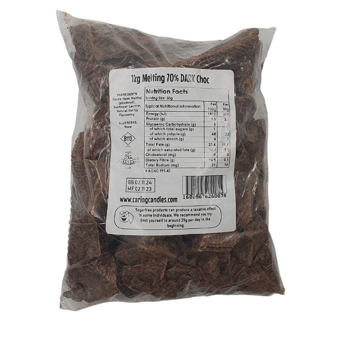 1kg No Added Sugar 70% DARK Chocolate by Caring Candies, which is ideal for baking or melting treats suitable for diabetics, and those following vegan, low carb, or keto diet