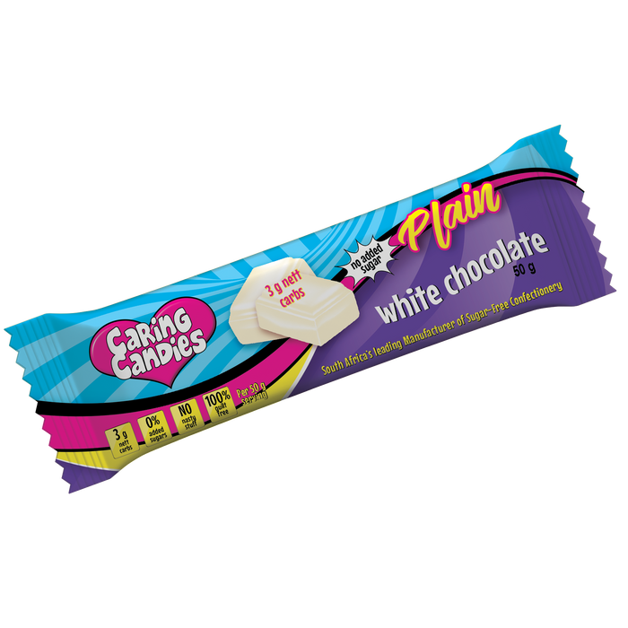 front view of caring candies sugar-free 50g premium white chocolate bar