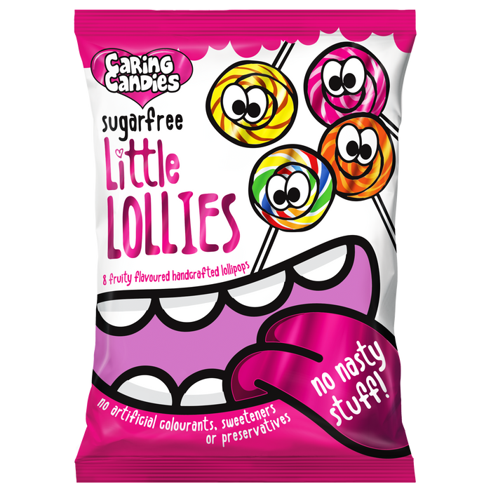 Front view of a Packet of assorted sugar-free lollipops by Caring Candies