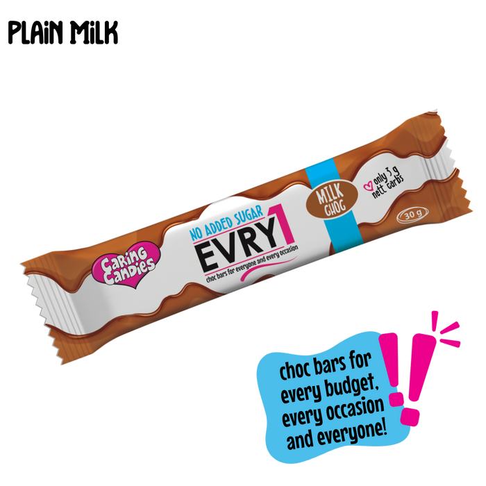 30g caring candies sugar-free EVRY1 milk chocolate bar on a transparent background showing new recipe