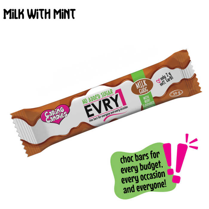30g caring candies sugar-free EVRY1 white chocolate bar with peppermint flavouring on a transparent background showing new recipe