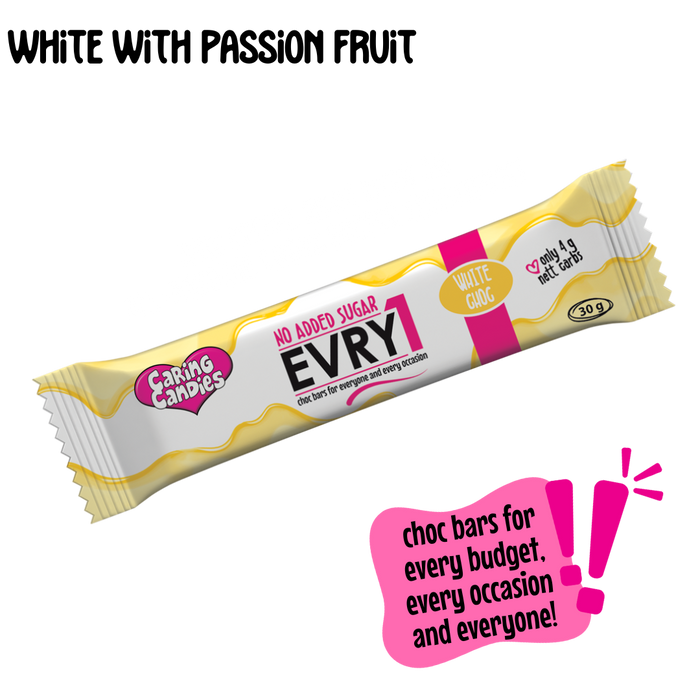 30g caring candies sugar-free EVRY1 white chocolate bar on a transparent background showing new recipe