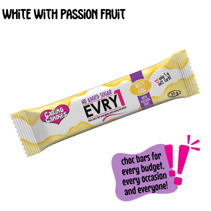 30g caring candies sugar-free EVRY1 white chocolate bar with passion fruit flavouring on a transparent background showing new recipe