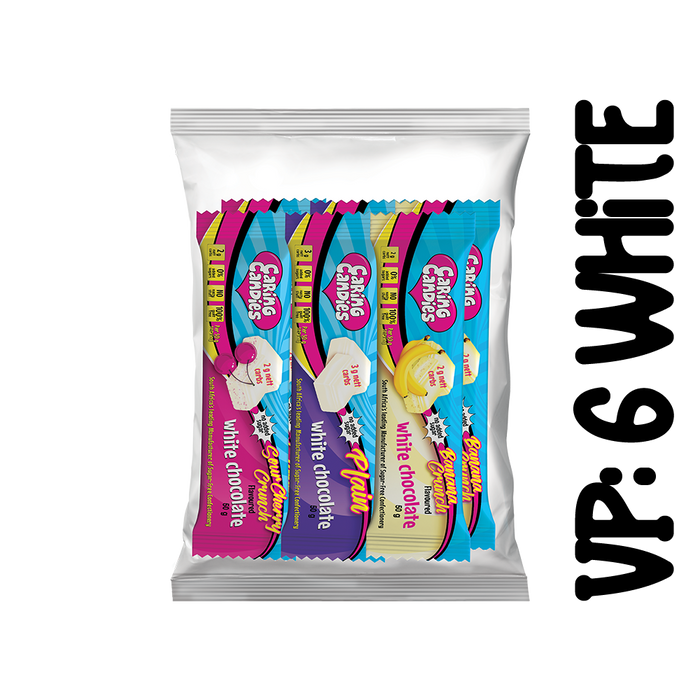variety pack of 6 assorted sugar-free 50g premium white chocolate bars from Caring Candies. Ideal for those following a diabetic, gluten-free, sugar-free, keto, banting, and low carb lifestyle diet