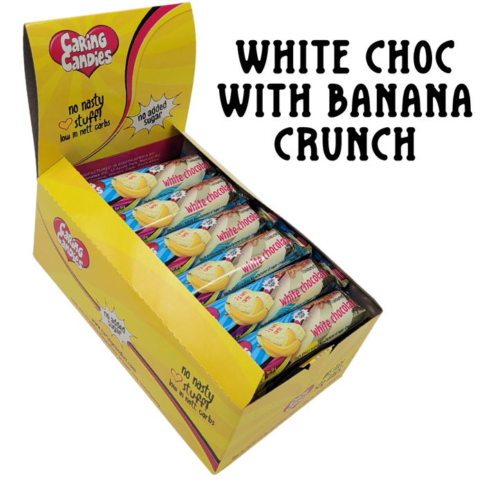 Bulk carton of 30x50g No Added Sugar White Chocolate Bars with Banana Crunch by Caring Candies. Suitable for Diabetic, Low Carb, Glutenfree, Halaal, Keto, and Kosher lifestyles