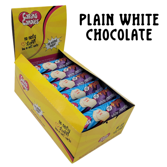 A retail display box of 30x50g caring candies sugar-free premium white chocolate bars on a transparent background