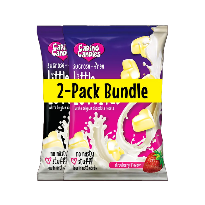 2 packet bundle of sugarfree premium white chocolate little luvbite hearts - strawberry flavoured and liquorice flavoured.  Ideal for those following a diabetic, gluten-free, sugar-free, keto, banting, and low carb lifestyle diet