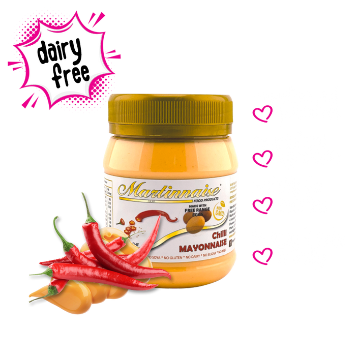 Bottle of Martinnaise Chilli Mayonnaise, which is gluten free as well as dairy free. Is is also free of sugar, soya, starch, preservatives, gluten, MSG. Ingredients are certified non-GMO and are Kosher and Halaal