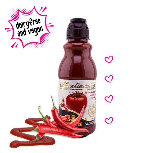 Bottle of sugar free and gluten free chilli tomato sauce from Martinnaise. Suitable for Vegan, Diabetic, banting and keto lifestyles