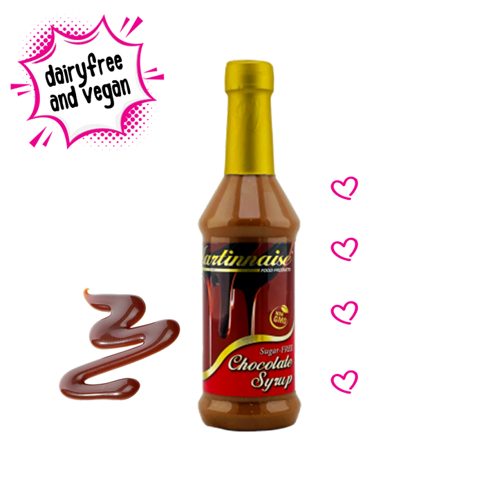 Bottle of sugarfree, dairy free, gluten free chocolate flavoured syrup from Martinnaise. Suitable for Vegan, Diabetics, banting and keto lifestyles. Ingredients are GMO free, Kosher and Halaal.