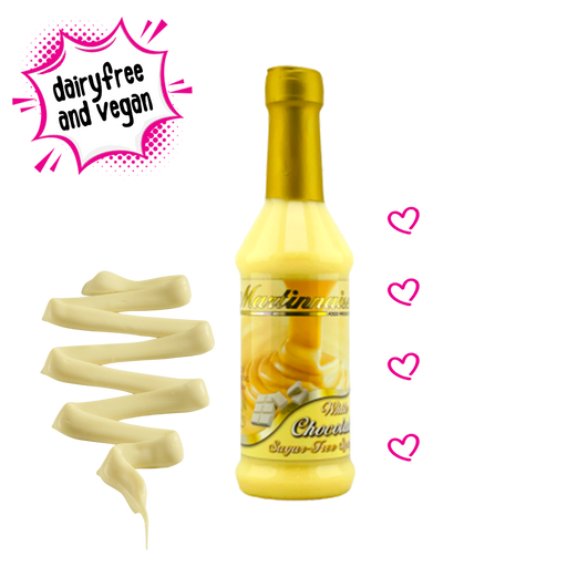 Bottle of sugarfree, dairy free, gluten free white chocolate flavoured syrup from Martinnaise. Suitable for Vegan, Diabetics, banting and keto lifestyles. Ingredients are GMO free, Kosher and Halaal.