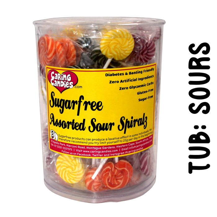 Bulk retail display tub of 100 individually wrapped sugar free assorted sour apple, sour cherry, sour lemon and sour tangerine flavoured handmade lollipops by Caring Candies. Ideal for those following an ADHD, diabetic, gluten free, sugar free, keto, banting, low carb, or plant based vegan lifestyle diet.