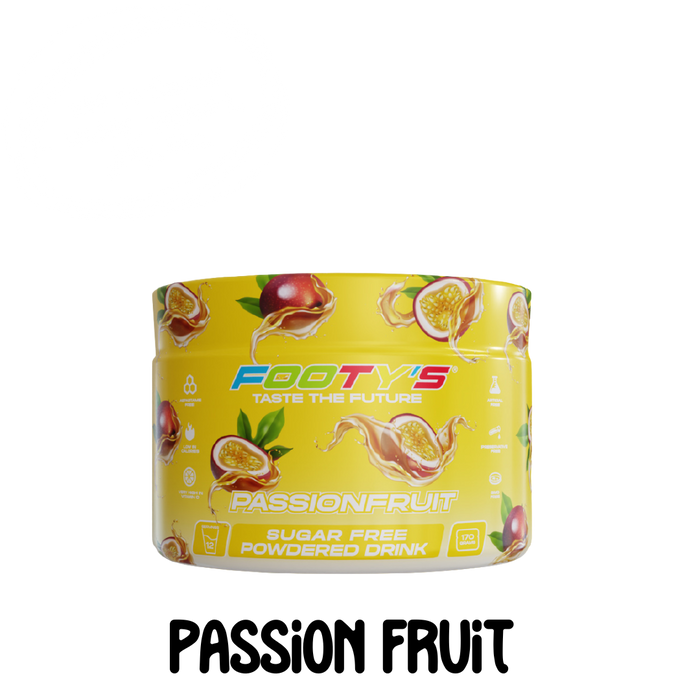 A container of Footy's sugar-free passion fruit flavored drink powder with decorative images of passion fruit and leaves on the label.