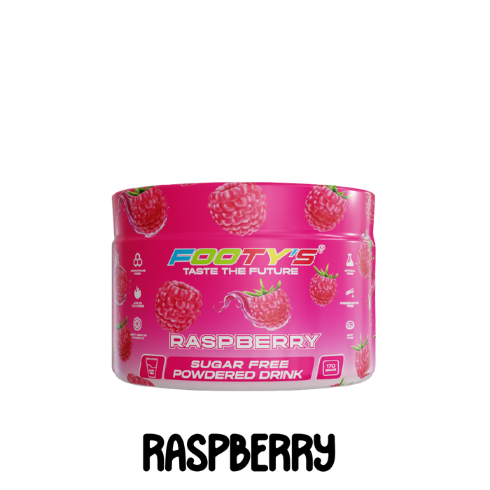 A pink container of Footy's sugar-free and gluten-free raspberry flavored cool drink powder, with the brand's logo and raspberry illustrations on the label.