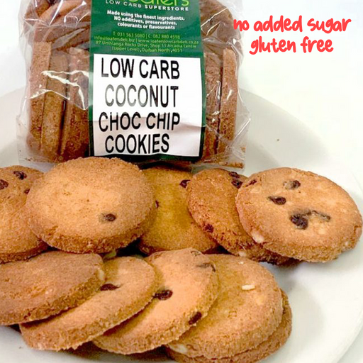 packet and display of low carb gluten free no added sugar chocolate chip cookie biscuits. Suitable for Diabetics, Keto and Banting
