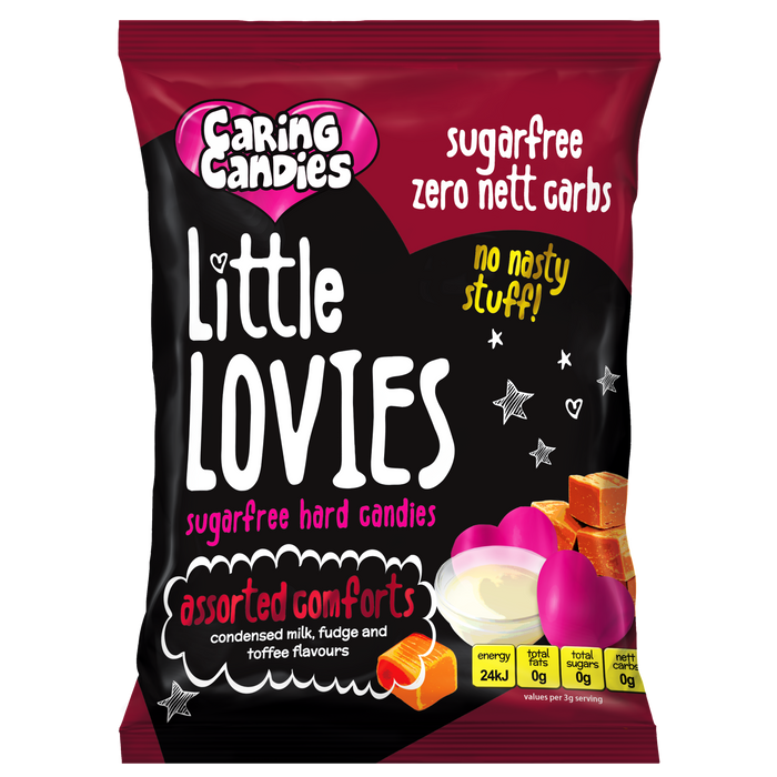 Assorted condensed milk, fudge, and toffee flavoured sugarfree sweets by Caring Candies. Suitable for Diabetics, Keto, Candida, and Glutenfree Diets