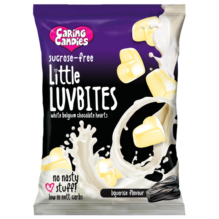 No Added Sugar Liquorice flavoured White Chocolate Keto LuvBites by Caring Candies | Gluten free, Diabetic, Halaal, Kosher, Banting