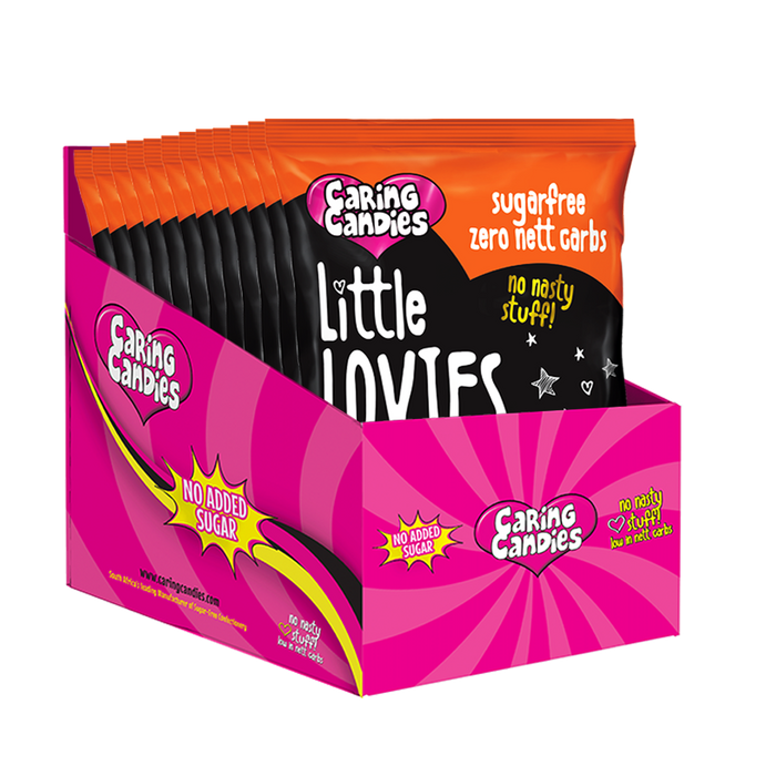 Bulk Retail display carton of 12 100g packets of assorted banana, pine-orange, and passion fruit flavoured heart shaped sweets called Little Lovies by Caring Candies. Ideal for those following an ADHD, diabetic, gluten free, sugar free, keto, banting, low carb, or plant based vegan lifestyle diet.