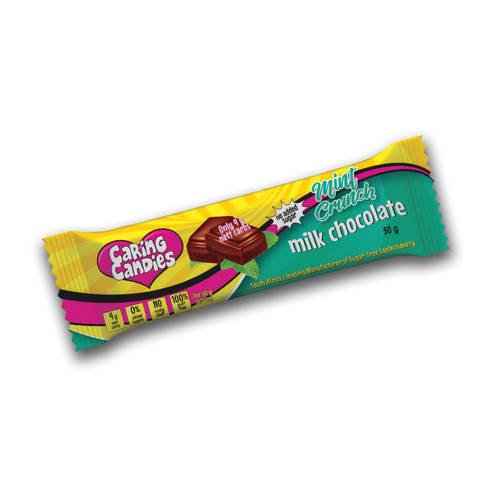 50g No Added Sugar free milk with peppermint crunch chocolate bar by Caring Candies. Banting, Bulk Savings, Diabetic, Glutenfree, Halaal, Keto, Kosher, Low Carb