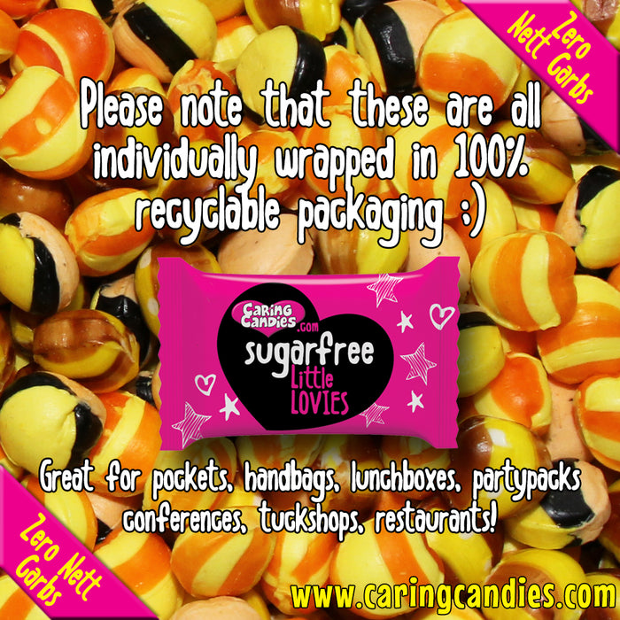 Bulk 1kg catering pack of assorted sugar-free banana, pine-orange, and passion fruit flavoured heart shaped sweets called Little Lovies by Caring Candies. Ideal for those following an ADHD, diabetic, gluten free, sugar free, keto, banting, low carb, or plant based vegan lifestyle diet.