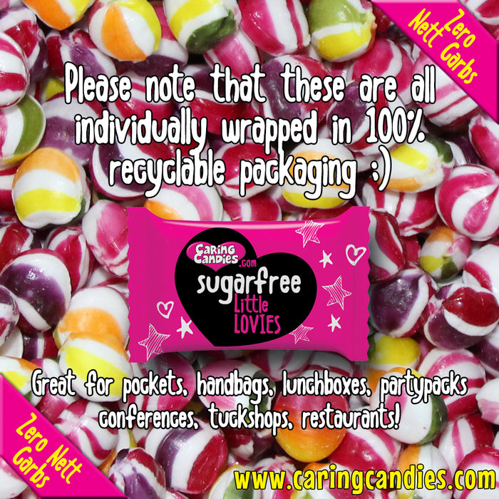 Bulk 1kg catering pack of sugar-free assorted fruit flavoured heart shaped sweets called Little Lovies by Caring Candies. Ideal for those following an ADHD, diabetic, gluten free, sugar free, keto, banting, low carb, or plant based vegan lifestyle diet.