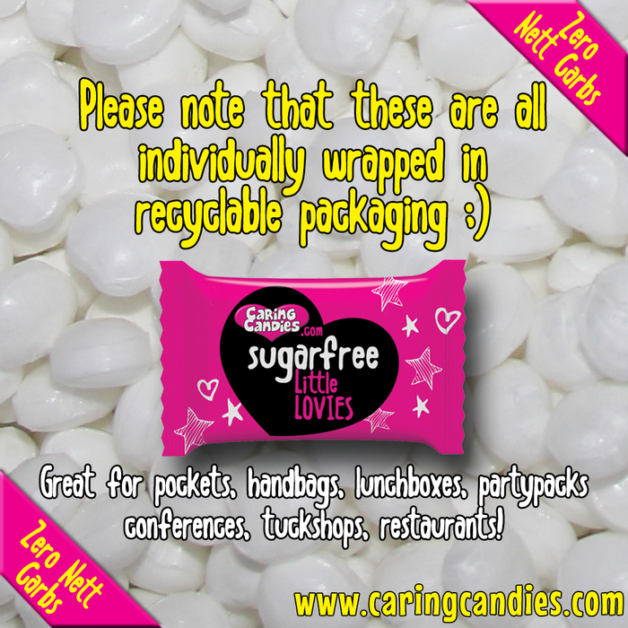 Bulk 1kg catering pack of sugar-free peppermint flavoured heart shaped sweets called Little Lovies by Caring Candies. Ideal for those following an ADHD, diabetic, gluten free, sugar free, keto, banting, low carb, or plant based vegan lifestyle diet.