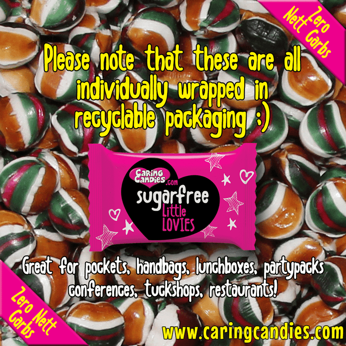 Bulk 1kg catering pack of sugar-free toffee mint humbug flavoured heart shaped sweets called Little Lovies by Caring Candies. Ideal for those following an ADHD, diabetic, gluten free, sugar free, keto, banting, low carb, or plant based vegan lifestyle diet.