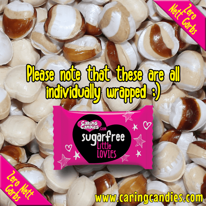 Bulk 1kg catering pack of assorted sugar-free and dairy-free condensed milk, fudge, and toffee flavoured heart shaped sweets called Little Lovies by Caring Candies. Ideal for those following an ADHD, diabetic, gluten free, sugar free, keto, banting, low carb, or plant based vegan lifestyle diet.