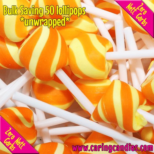 Sugar free keto PINE ORANGE flavoured Lollipops by Caring Candies | Banting, Candida, Halaal, Kosher, Suitable for Diabetics, Vegan