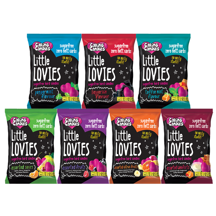 Multipack of 7 assorted 100g packets of sugar-free hard boiled sweets called Little Lovies by Caring Candies. Ideal for those following an ADHD, diabetic, gluten free, sugar free, keto, banting, low carb, or plant based vegan lifestyle diet