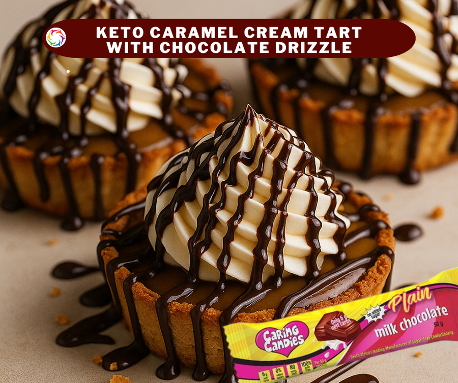 No Added Sugar Caramel Cream Tartlets with Chocolate Drizzle (Banting, Keto, Diabetic, Glutenfree)