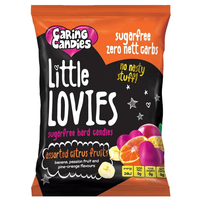 Packaging of 100g Caring Candies Sugarfree Little Lovies assorted citrus flavoured sweets like banana, pine-orange, and passion fruit, on a transparent background