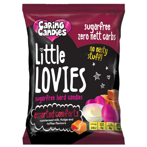 Packaging of 100g Caring Candies Sugarfree Little Lovies assorted comforting flavoured sweets like fudge, toffee, and condensed milk, on a transparent background