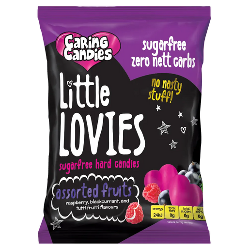 Packaging of 100g Caring Candies Sugarfree Little Lovies assorted fruity flavoured sweets on a transparent background