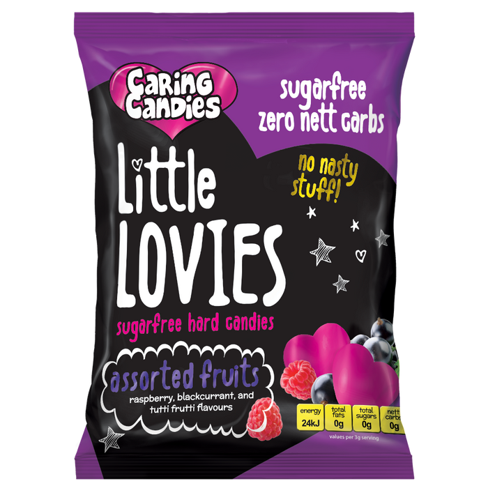 Packaging of 100g Caring Candies Sugarfree Little Lovies assorted fruity flavoured sweets on a transparent background