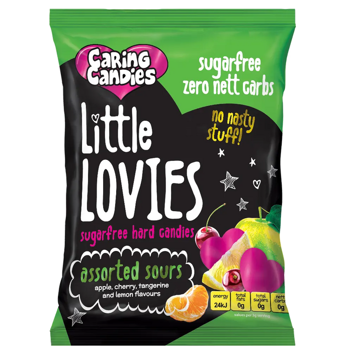 Packaging of 100g Caring Candies Sugarfree Little Lovies assorted sour flavoured sweets on a transparent background