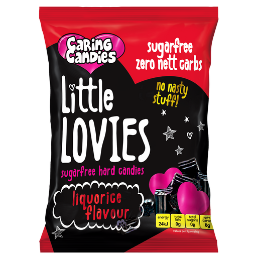 Front view of a 100g Packet of sugar free liquorice flavoured hard-boiled Little Lovies sweets by Caring Candies