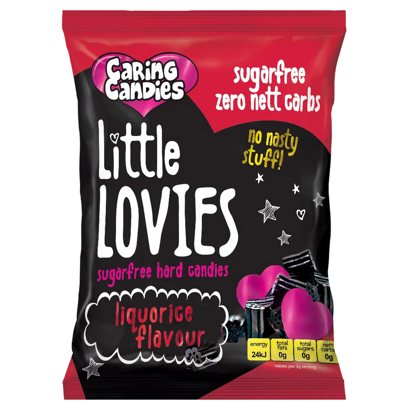 Packaging of 100g Caring Candies Sugarfree Little Lovies liquorice flavoured sweets on a transparent background