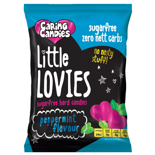 Packaging of 100g Caring Candies Sugarfree Little Lovies peppermint flavoured sweets on transparent background