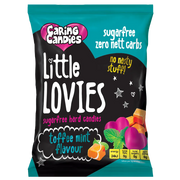 Packaging of 100g Caring Candies Sugarfree Little Lovies toffee mint flavoured sweets on transparent background