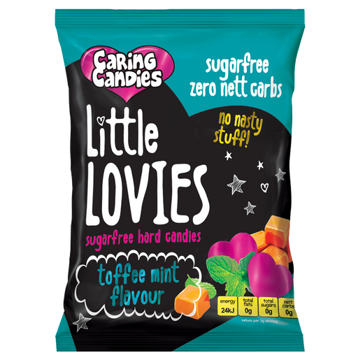 Packaging of 100g Caring Candies Sugarfree Little Lovies toffee mint flavoured sweets on transparent background