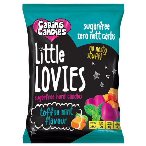 Packaging of 100g Caring Candies Sugarfree Little Lovies toffee mint flavoured sweets on transparent background
